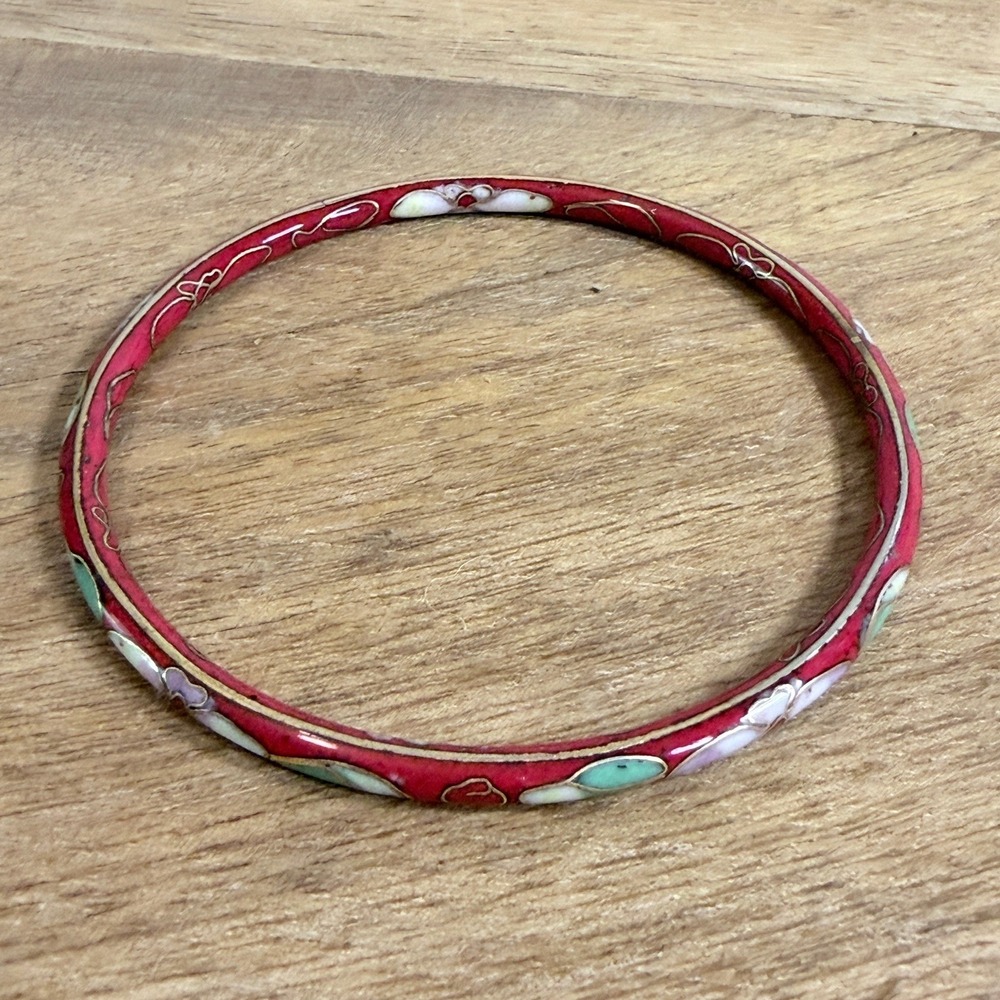 Vintage Red Cloisonné Bangle Bracelet Floral Enamel Gold Tone 2.5"